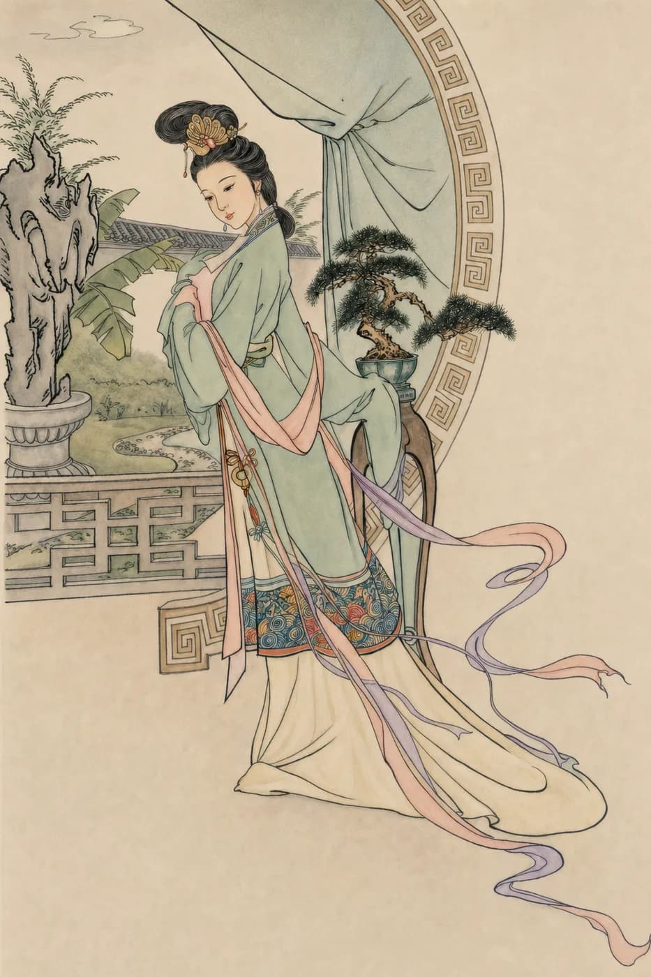 団扇の美人（白描）